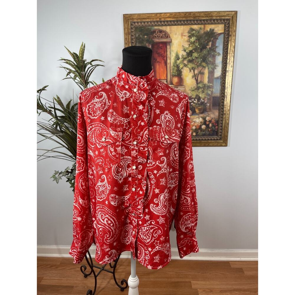 Women's Button Up Top Large Red Paisley Ruffle Collar Rockabilly Festival Wear